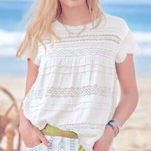 Sundance Aria Lace Embroidered Pintuck Cap Sleeve Oversized White Boho Top Large